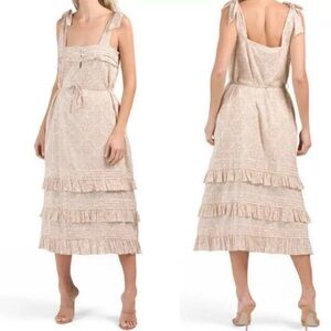Cleobella Zane Midi Cream Blush Floral Sleeveless Tiered Ruffle Dress SZ. XS